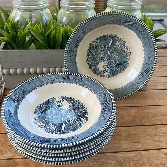Currier and Ives Blue by ROYAL USA 
Rim Soup Bowl (6) - Picture 1 of 5